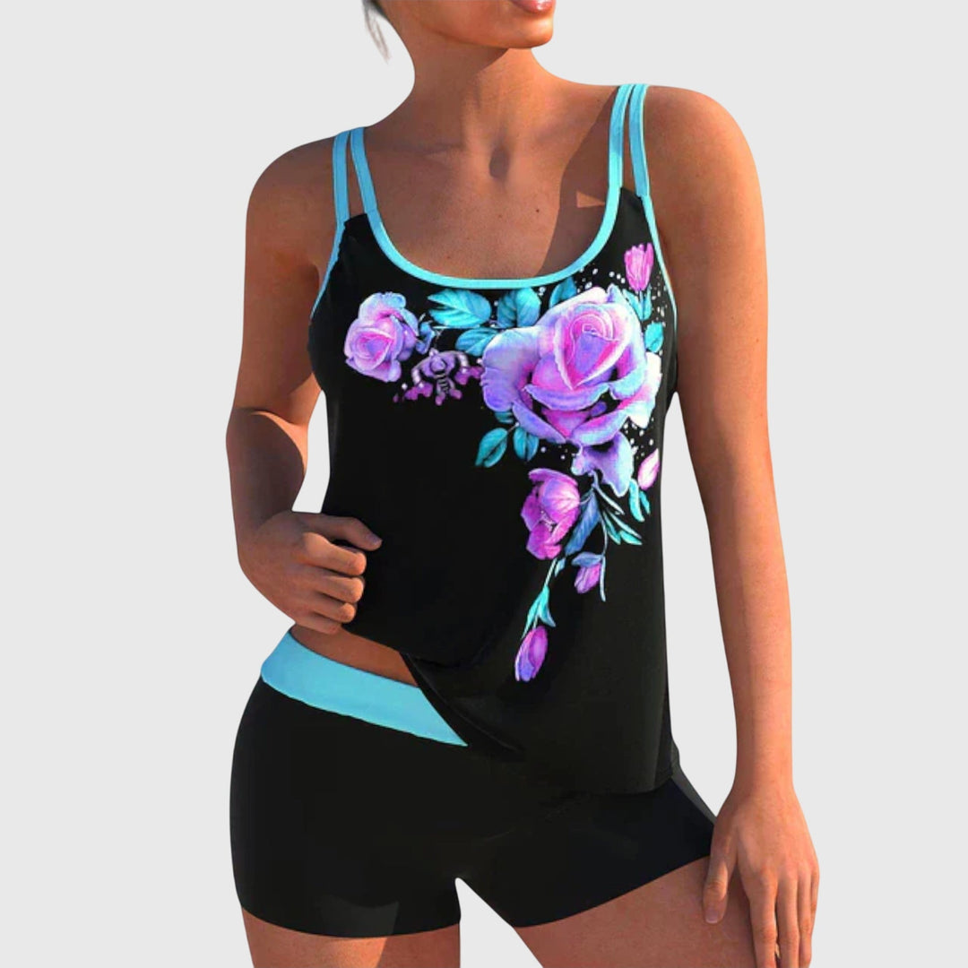 Women's floral print two-piece swimsuit set for summer beachwear. Stylish swimwear for vacation.