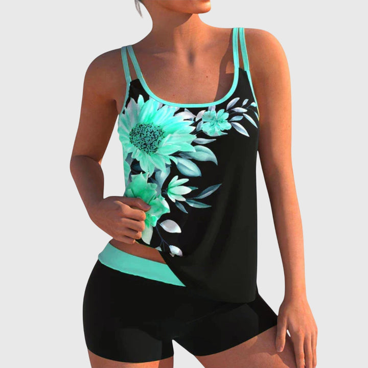 Fashionable women's floral two-piece swimsuit set, ideal beachwear and swimwear for summer vacation.