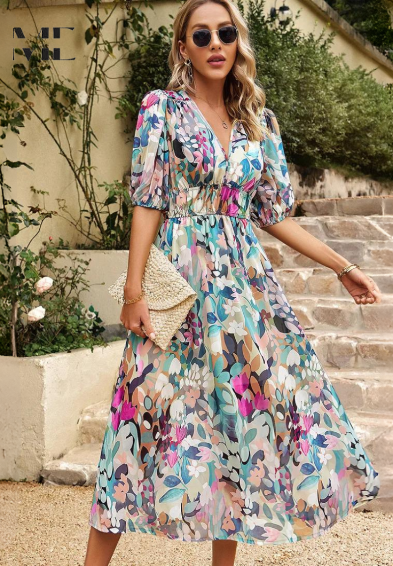 Women's floral puff sleeve V-neck midi dress, perfect for elegant summer style.