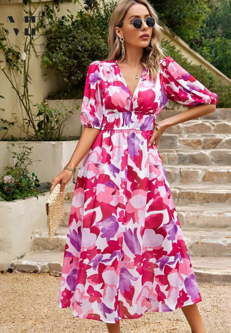 Feminine floral puff sleeve V-neck midi dress, lovely for summer brunch or garden parties.