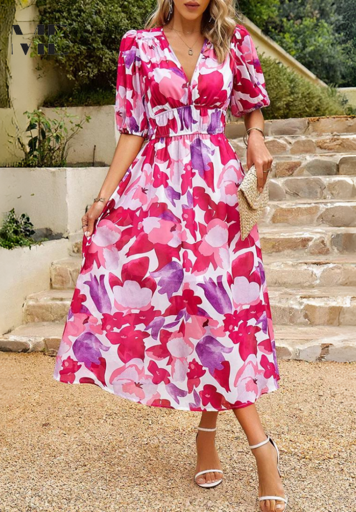 On-trend puff sleeve floral V-neck midi dress for women, ideal for summer style.