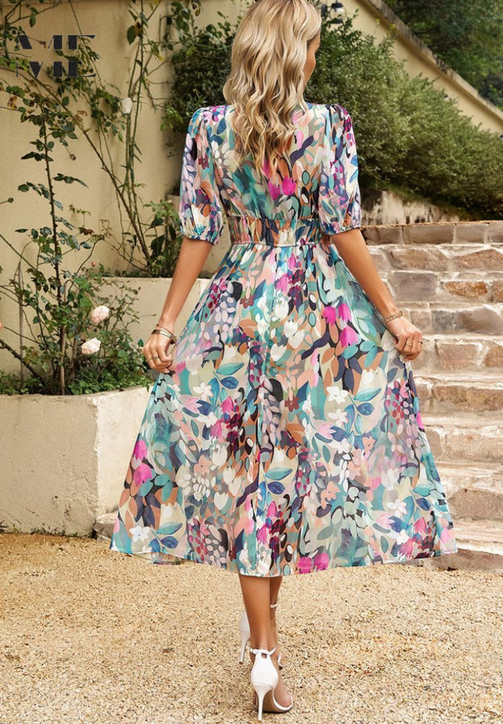 Elegant A-line floral midi dress with puff sleeves & V-neck, ideal for summer brunch wear.