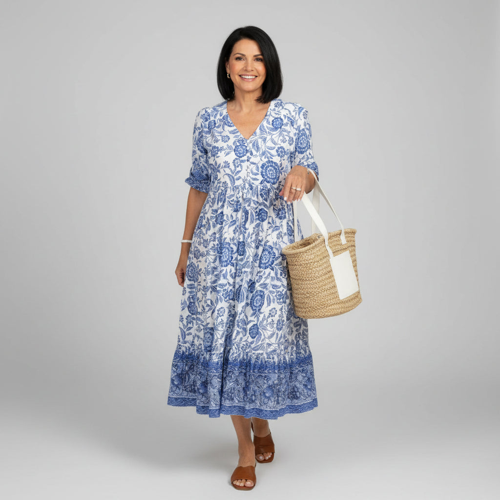 Women's floral tiered midi dress with V-neck, 3/4 sleeves, perfect for elegant summer casual or vacation.