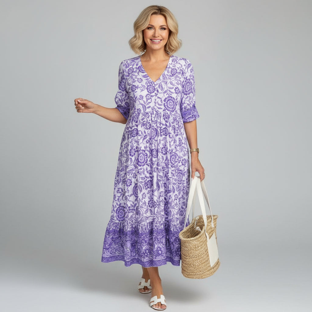 Elegant women's tiered floral midi dress featuring V-neck and 3/4 sleeves for a chic summer look.