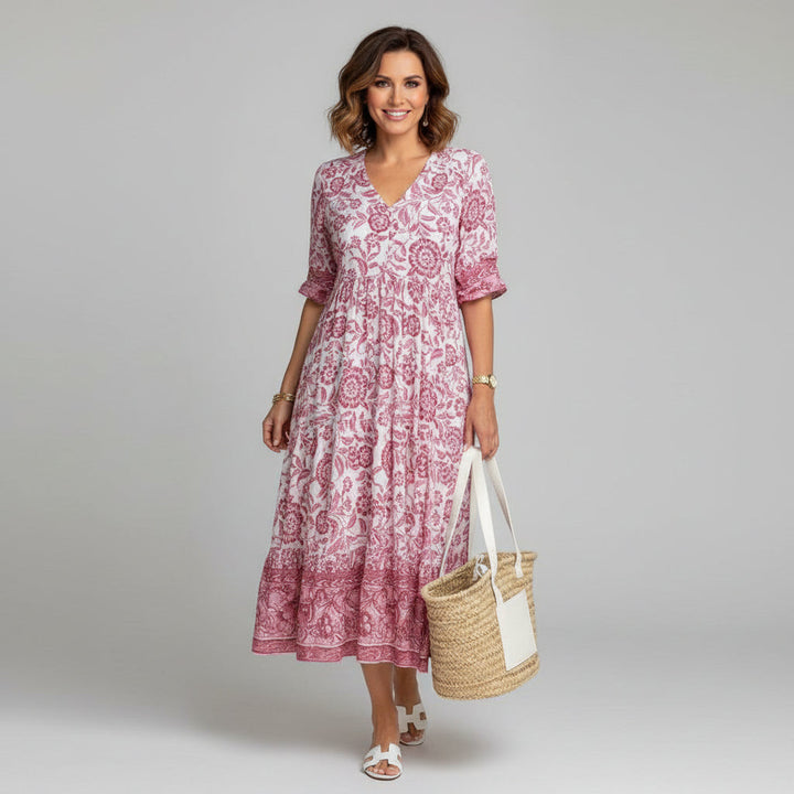 Comfortable casual women's floral midi dress with tiered skirt, V-neck, 3/4 sleeves, great for summer.