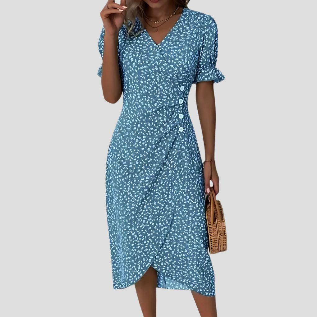 Women's floral V-neck midi dress with puff sleeves & ruched waist, perfect for summer casual wear