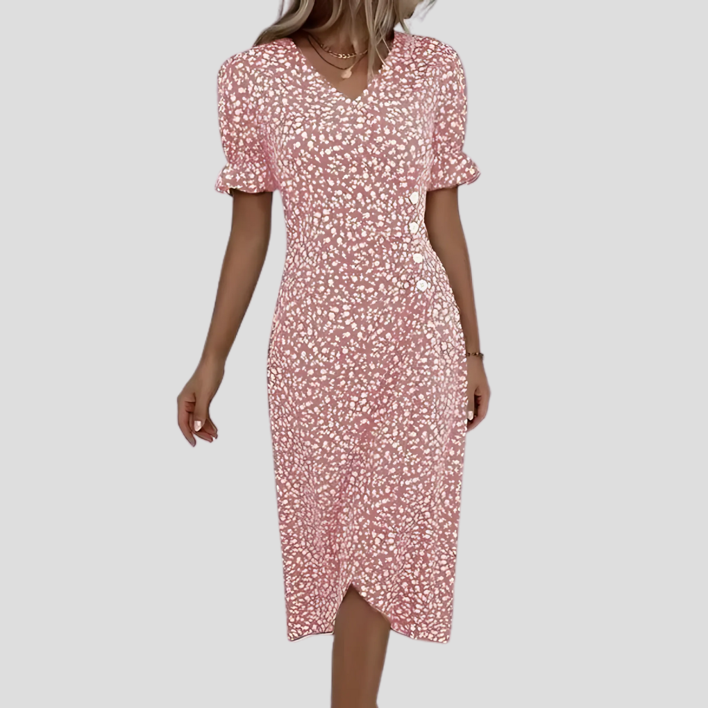 Casual summer midi dress with vibrant floral pattern, V-neck, puff sleeves, and ruched waist
