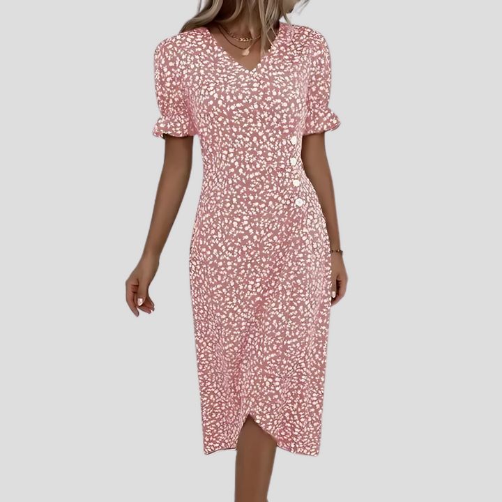 Casual summer midi dress with vibrant floral pattern, V-neck, puff sleeves, and ruched waist