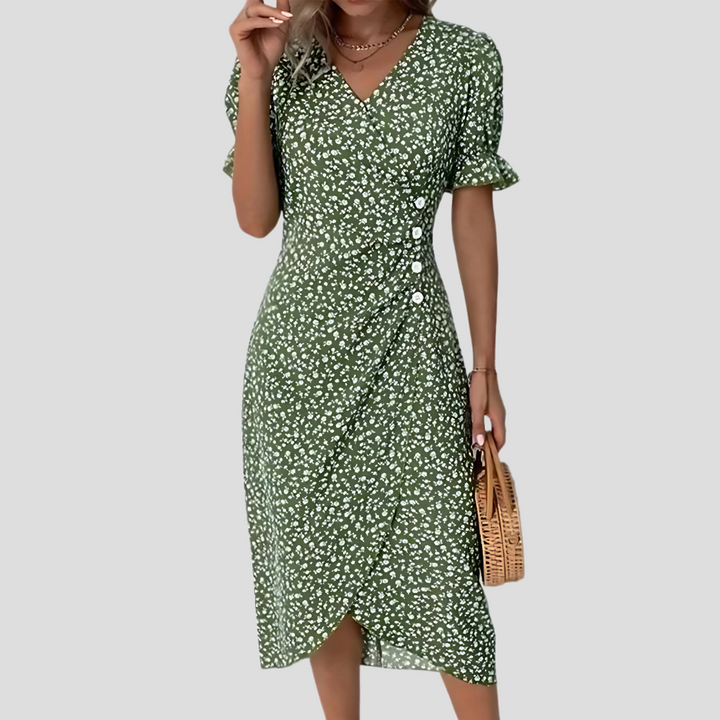 Elegant women's floral midi dress, V-neck, puff sleeves, ideal for beachwear or summer fashion