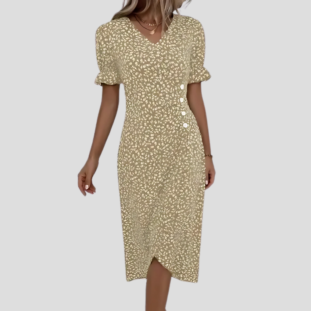 New floral print midi dress for women with flattering V-neck, puff sleeves, and A-line silhouette
