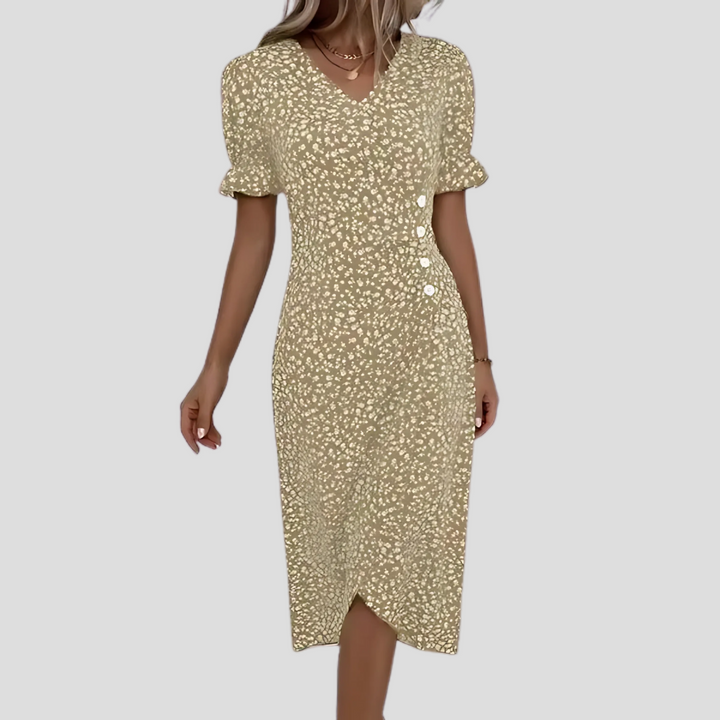 New floral print midi dress for women with flattering V-neck, puff sleeves, and A-line silhouette