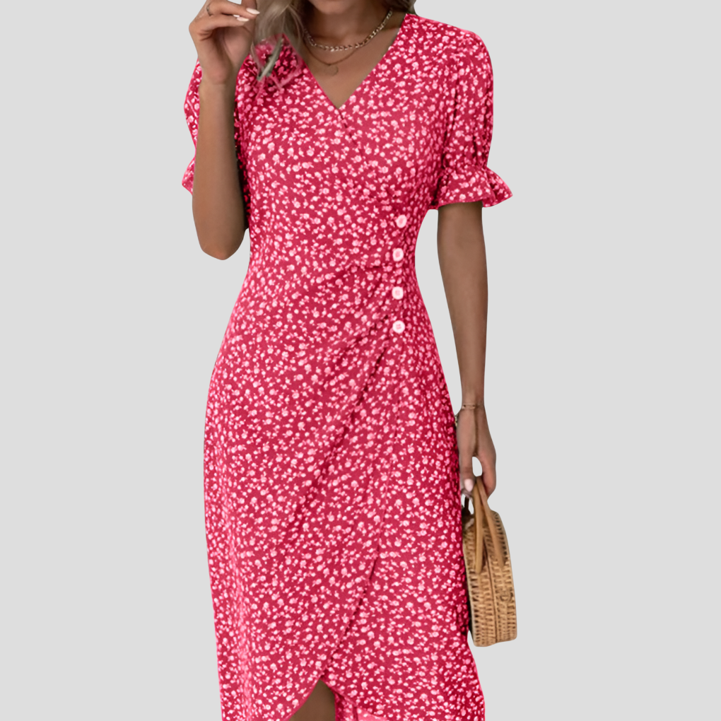 Stylish V-neck floral midi dress with puff sleeves, ruched waist, a must-have for summer outfits