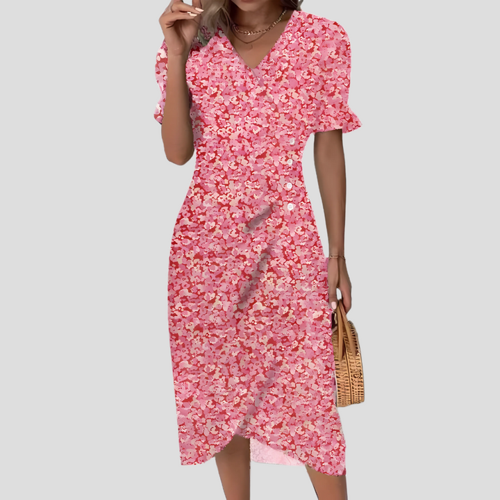 Women's summer fashion: floral midi dress with V-neck, puff sleeves, and comfortable A-line fit