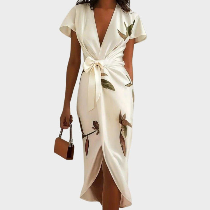 Women's floral V-neck wrap midi dress, ideal for elegant day wear or vacation outfits