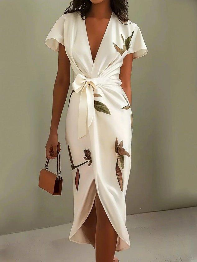 Elegant women's summer floral midi dress featuring a stylish V-neck and practical wrap design