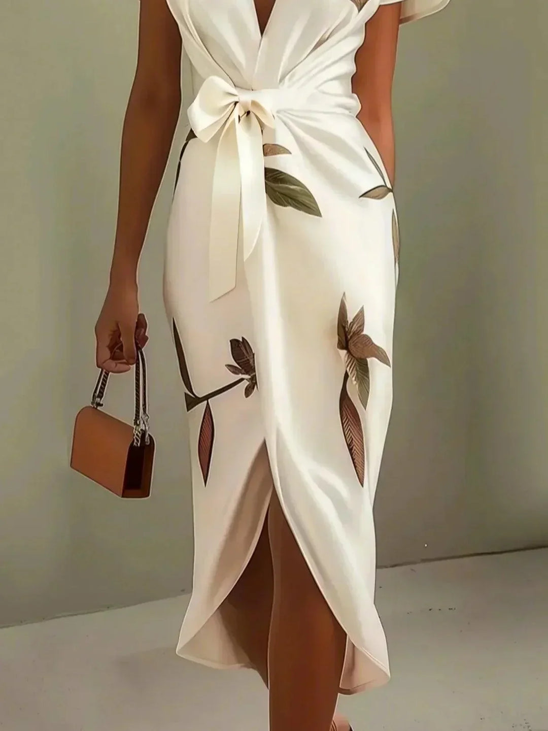 Vacation-ready floral V-neck wrap midi dress, combining comfort with elegant style