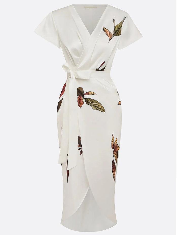 Women's casual midi dress in a floral print, designed with a chic V-neck and wrap front