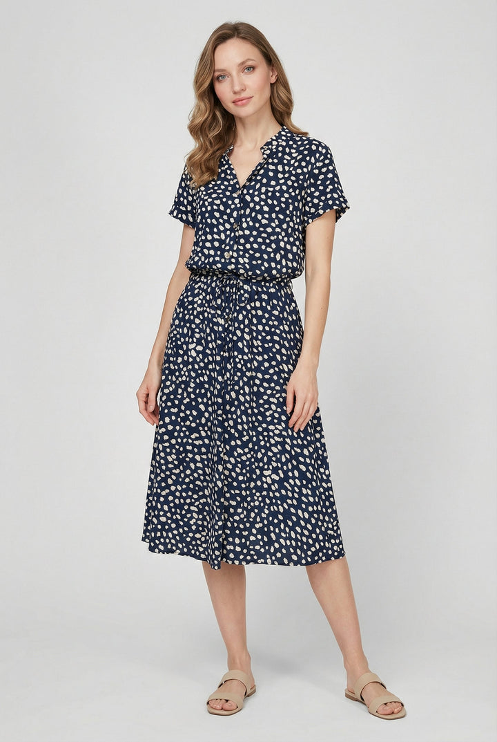 Women's comfortable floral short-sleeve midi dress with a stylish waistband, perfect for warm days.