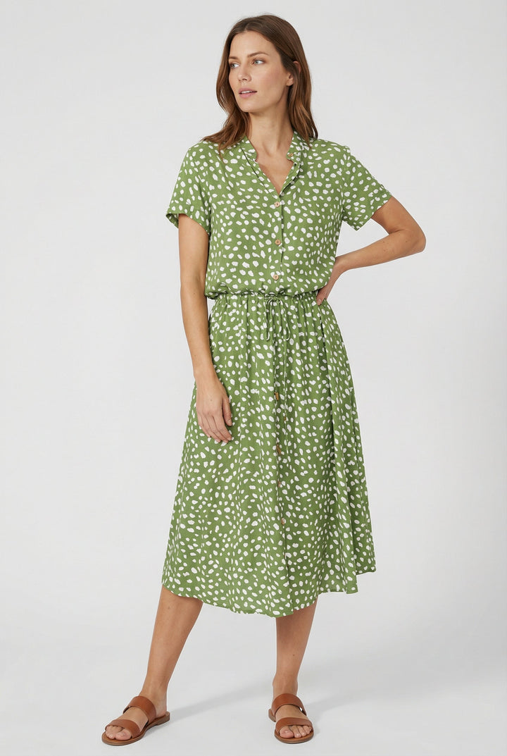 Women's summer floral midi dress, designed with a comfortable waistband and short sleeves for ease.