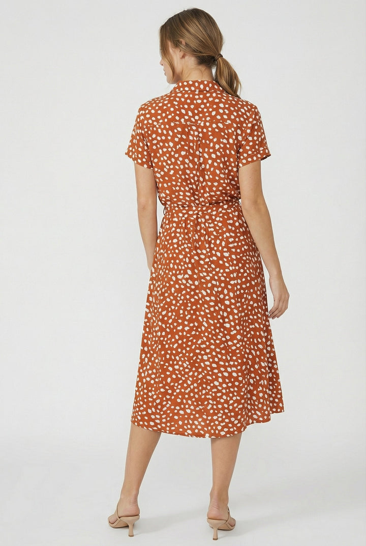 Flowy women's casual midi dress with a flattering floral print, waistband, and short sleeves.