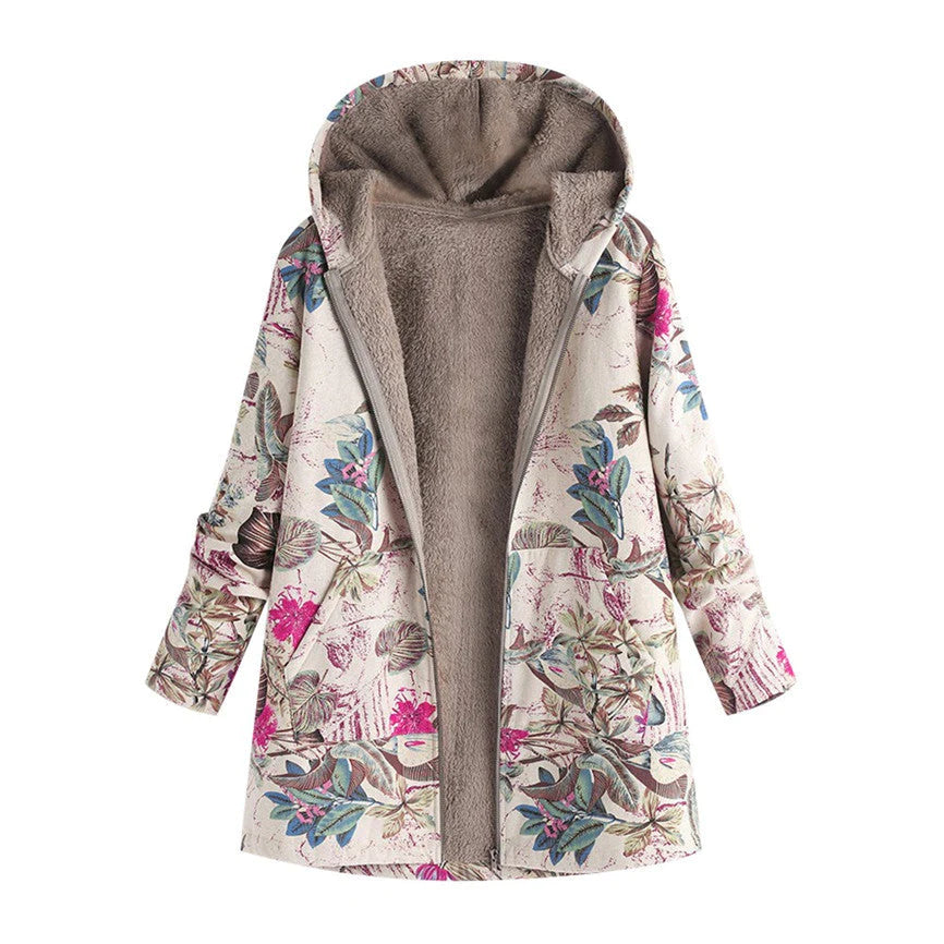 Women's floral winter coat with hood, full view, showcasing vibrant print and warm design for cold weather.