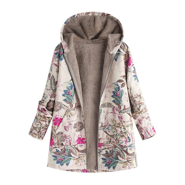 Women's floral winter coat with hood, full view, showcasing vibrant print and warm design for cold weather.