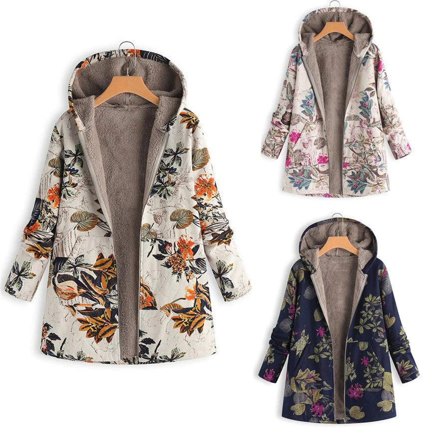Stylish women's floral print winter coat with hood, offering warmth and a trendy look for diverse outfits.