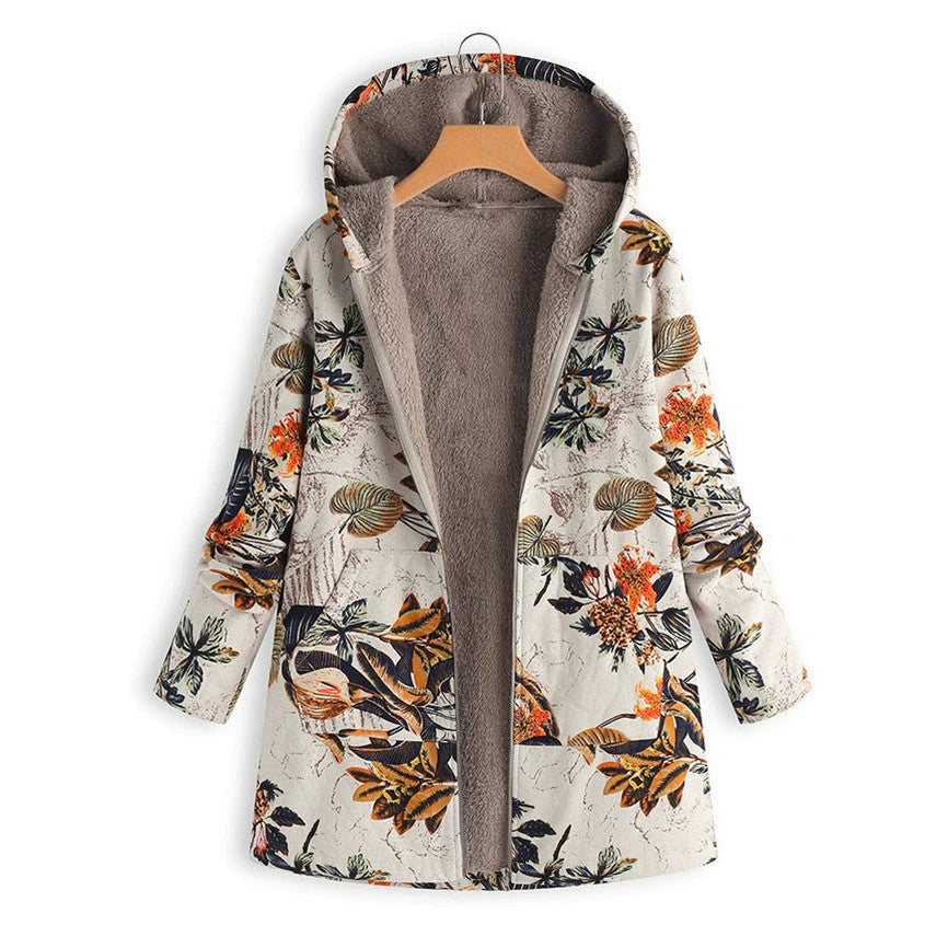 Side profile of a women's floral winter jacket with hood, showing its comfortable fit and seasonal wear.