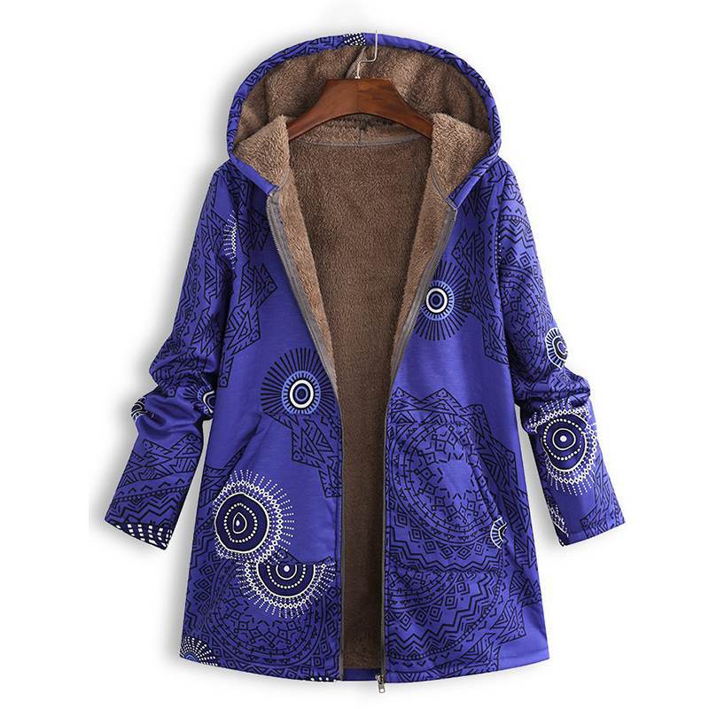 Back view of a women's hooded floral winter coat, emphasizing the print and full coverage suitable for winter.