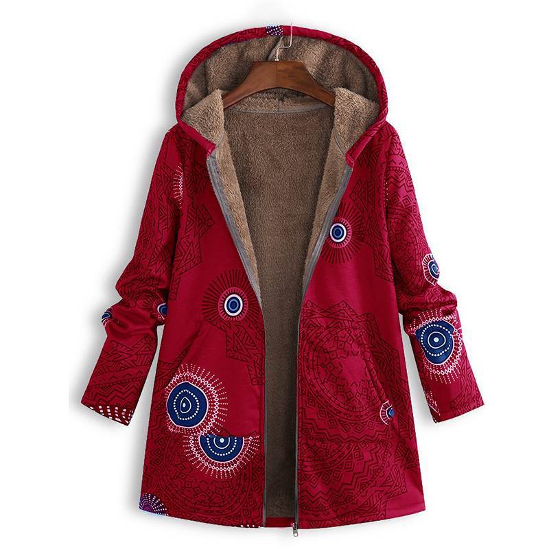 Detail of the hood on a women's floral winter coat, open, revealing soft lining for extra warmth and comfort.