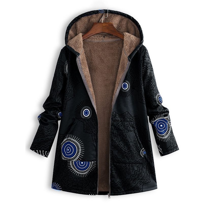 Women's floral winter coat, unzipped, showing interior lining and the quality of this warm outerwear.