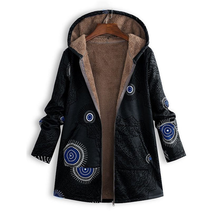 Women's floral winter coat, unzipped, showing interior lining and the quality of this warm outerwear.