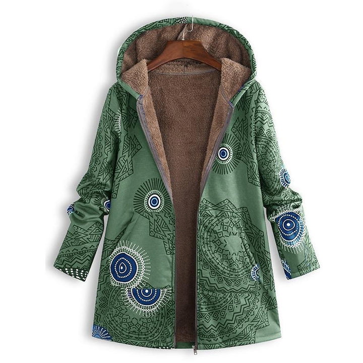 Floral winter coat for women, styled with casual apparel, perfect for everyday cold-weather fashion.