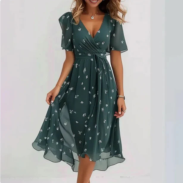 Women's floral wrap summer V-neck dress. Elegant midi length, perfect for parties, casual, or occasion wear.