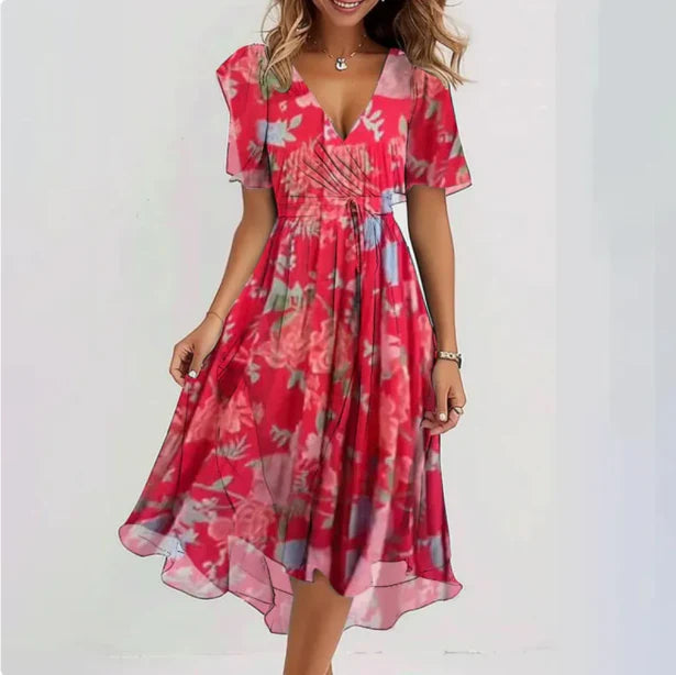 Stylish women's V-neck floral print wrap dress, a chic summer midi for fashion-forward elegance & parties.
