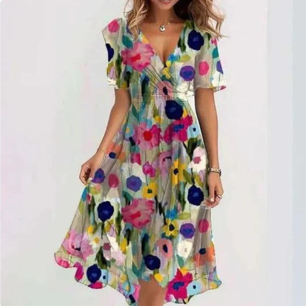 Flattering women's floral V-neck wrap dress. Ideal summer midi for casual outings, parties, or special occasions.