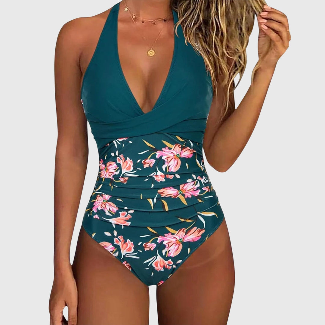 Women's Florence V-Neck Floral One-Piece Swimsuit with pink and red flowers, front view