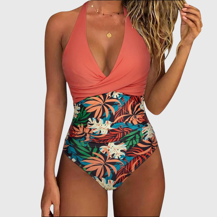 Close-up of the delicate floral pattern on the Florence V-neck one-piece swimsuit fabric