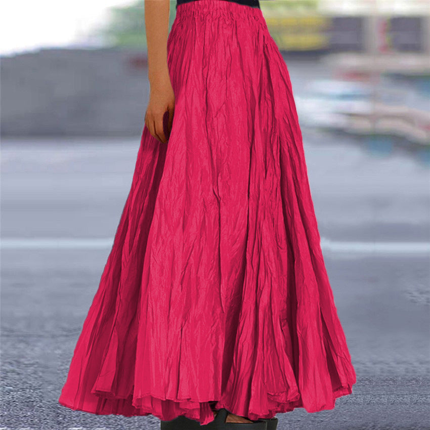 Green casual flowy maxi skirt with an elastic waist, suitable for women's everyday fashion.