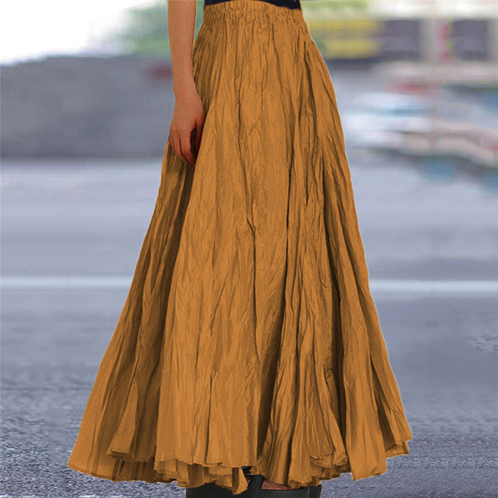 Red elegant pleated long skirt for women, featuring a comfortable elastic waistband and drape.