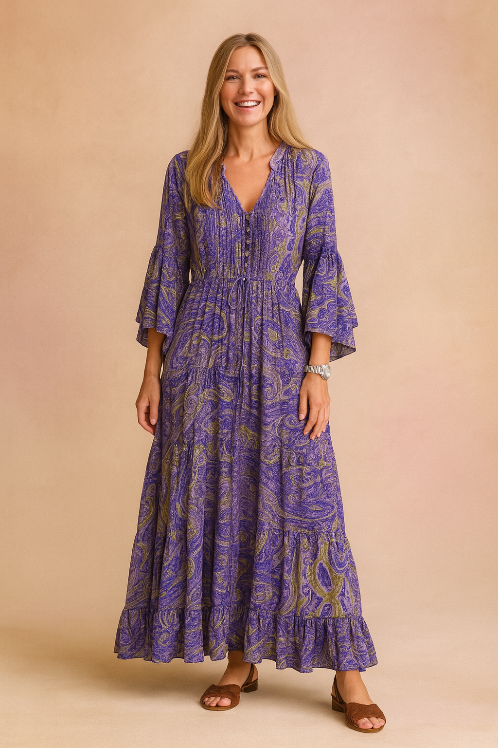 Elegant patterned women's V-neck flowy maxi dress, long sleeves, perfect for summer vacations & casual wear.