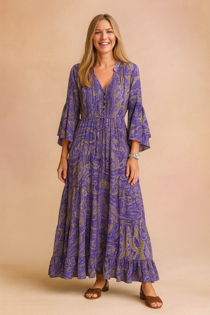 Elegant patterned women's V-neck flowy maxi dress, long sleeves, perfect for summer vacations & casual wear.