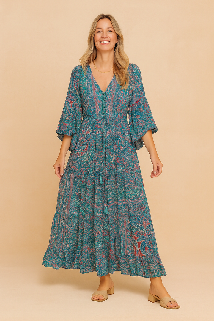Comfortable women's long sleeve boho maxi dress. Flowy design, ideal for summer casual wear and bohemian style.