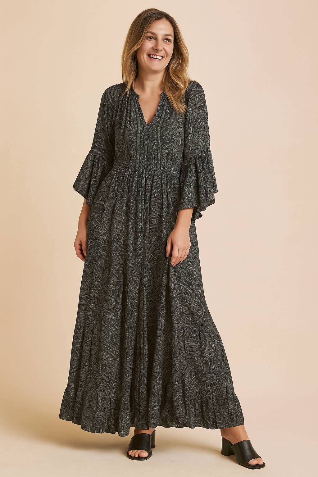 Chic women's flowy long sleeve maxi dress in bohemian style. Perfect summer dress for comfort & fashion.