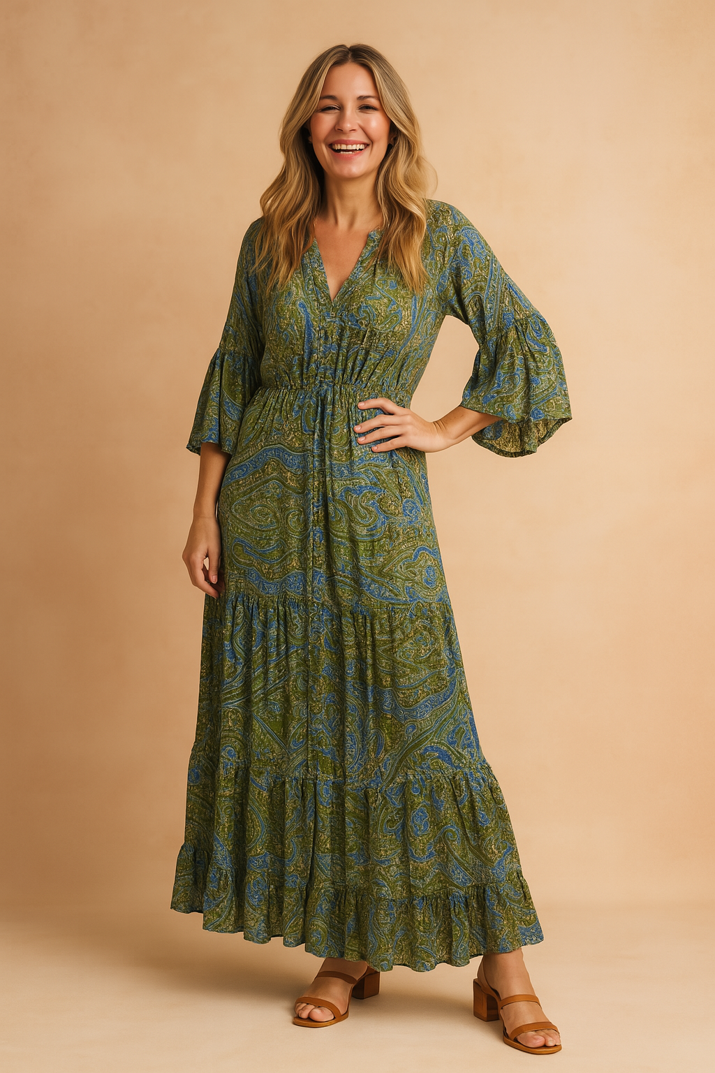 Patterned V-neck flowy maxi dress for women, with long sleeves. Stylish summer boho dress, vacation ready.