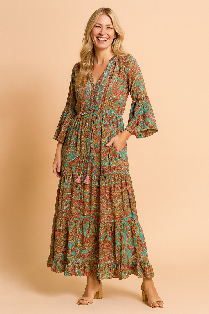 Versatile women's flowy boho long sleeve maxi dress. Comfortable summer outfit, great for casual elegance.