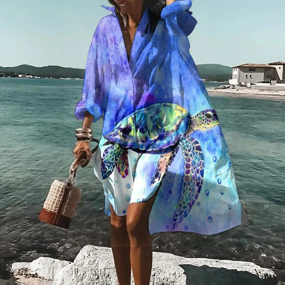 Stylish women's printed midi shirtdress with button-down front, ideal for summer outfits