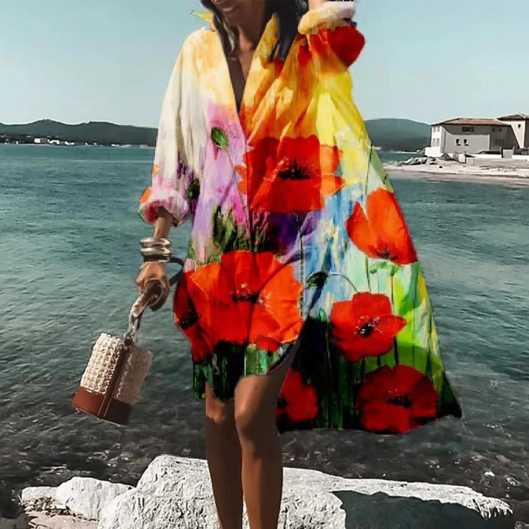 Printed casual shirtdress for women, a versatile midi length with full button front