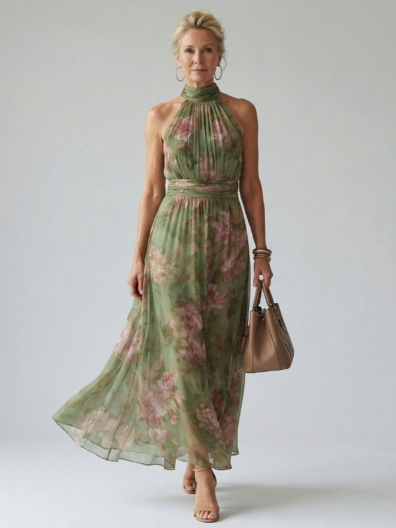 Women's flowy sage green halter midi dress with gathered details, perfect for summer vacation.