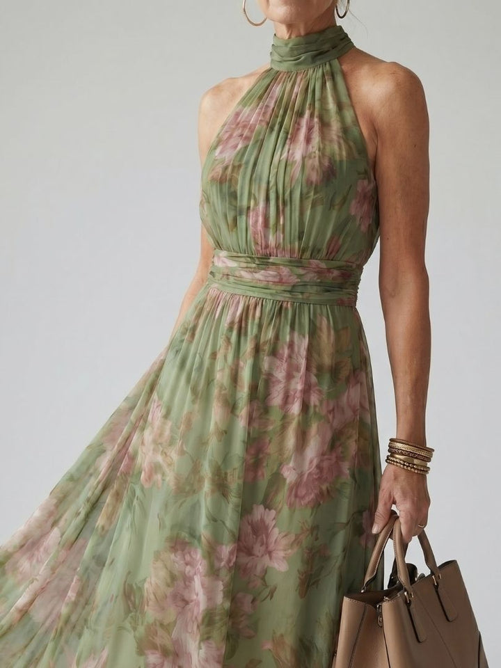 Elegant sleeveless gathered halter midi dress for women, ideal for casual summer style.